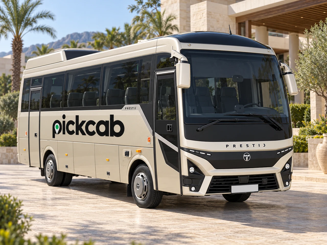 Otel önünde Pickcab logolu Midibüs; temsili görsel